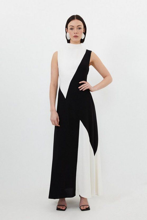 Fluid Tailored Colour Block Panel High Neck Midi Dress | Karen Millen UK + IE + DE + NL
