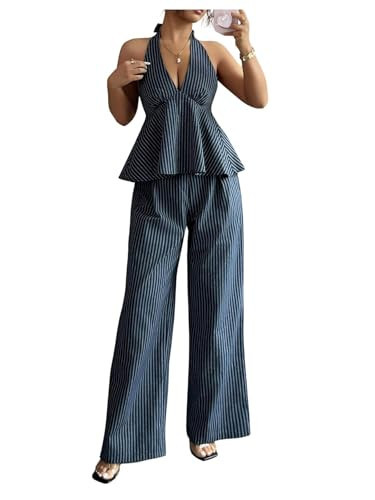 OYOANGLE Women's Two Piece Striped Outfits Backless Ruffle Halter Shirt Wide Leg Pants Business Casual Matching Sets Blue Medium | Amazon (US)