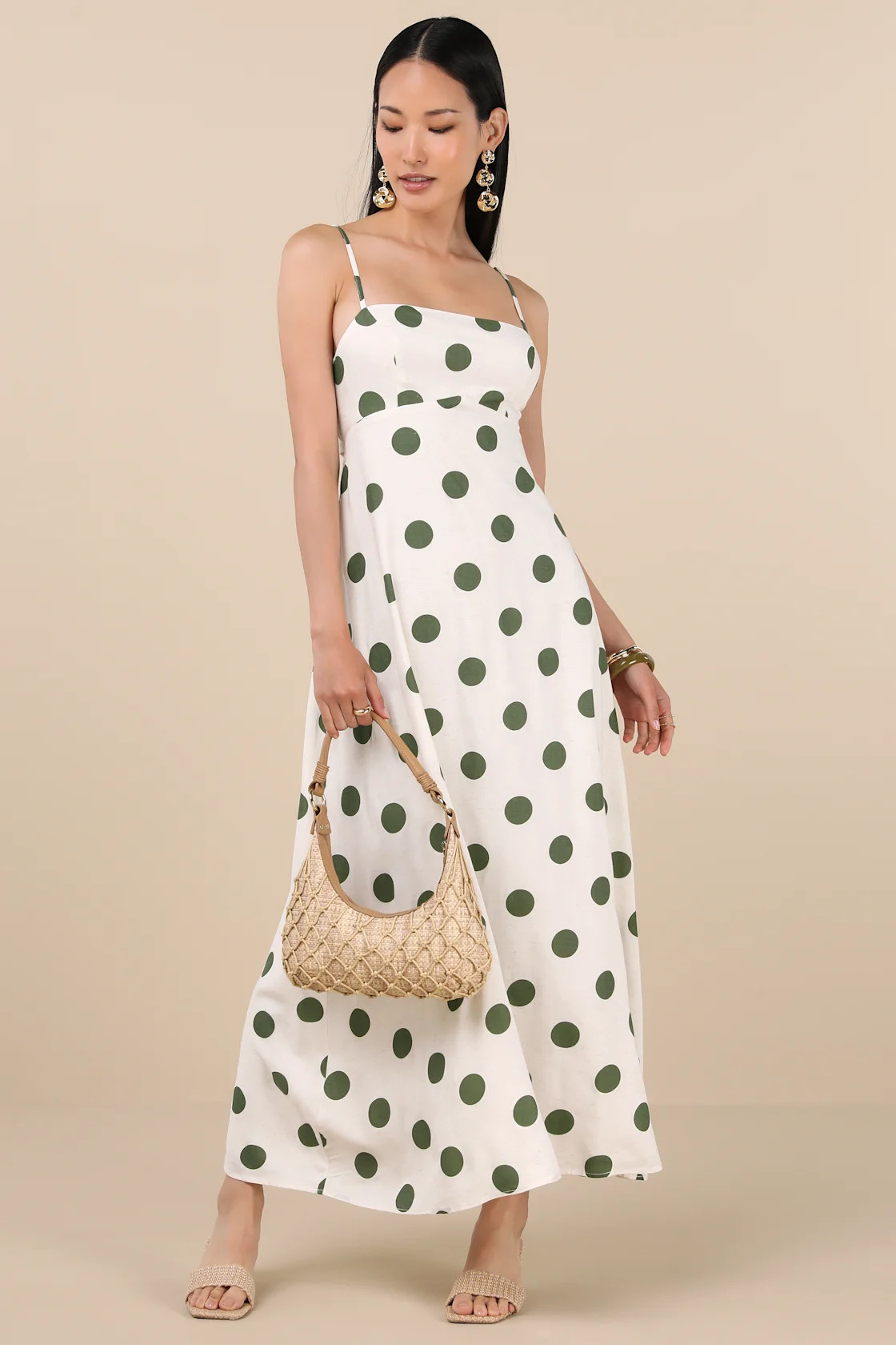 Norette Cream and Olive Polka Dot Tie-Back Midi Dress | Lulus
