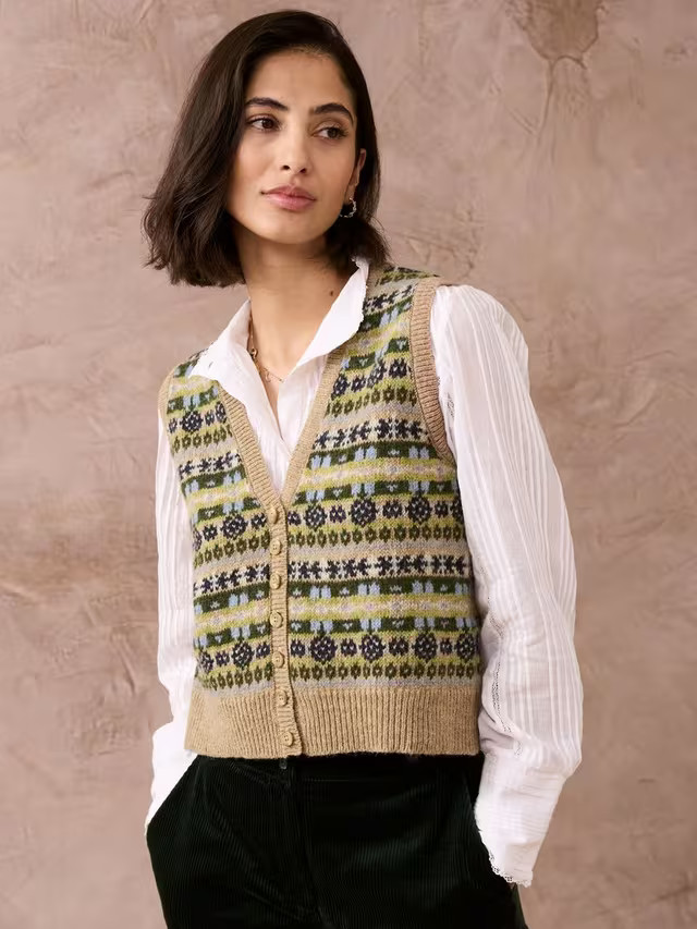 BroraWool Fair Isle Sleeveless Cardigan, Oak | John Lewis (UK)