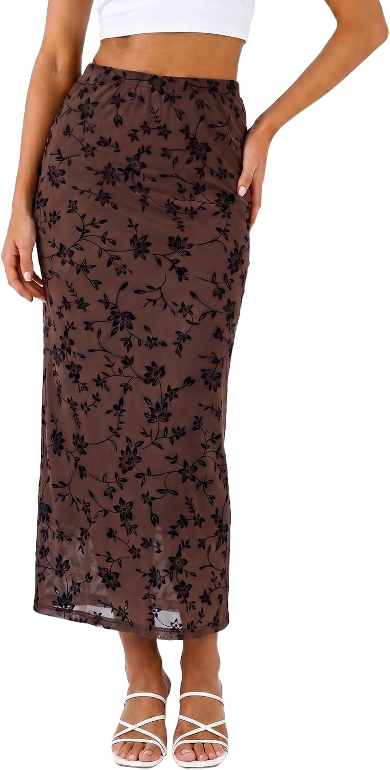 DERAX Womens Floral Boho Mesh Maxi Skirt Elastic High Waisted Long Skirts | Amazon (US)