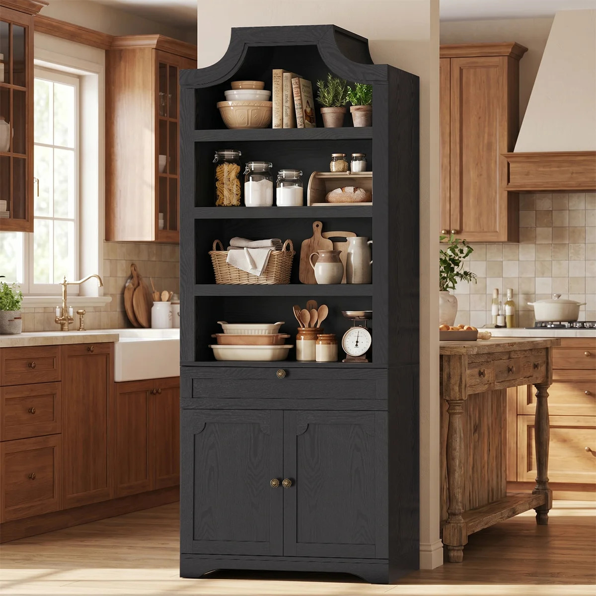 81" Tall Arched 7-Tier Bookcase with Drawer Adjustable Shelves & Doors for Office Living Room | Wayfair North America