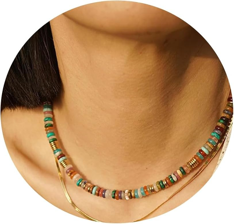 SHERLOVE Colorful Beaded Choker Necklace Women Real Natural Stone Gemstone Necklace Summer Beach ... | Amazon (US)