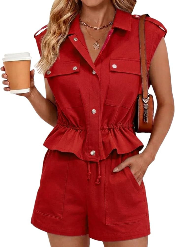 Womens 2 Piece Outfits Sleeveless Button Down Peplum Top and Shorts Set Casual Summer Matching Se... | Amazon (US)
