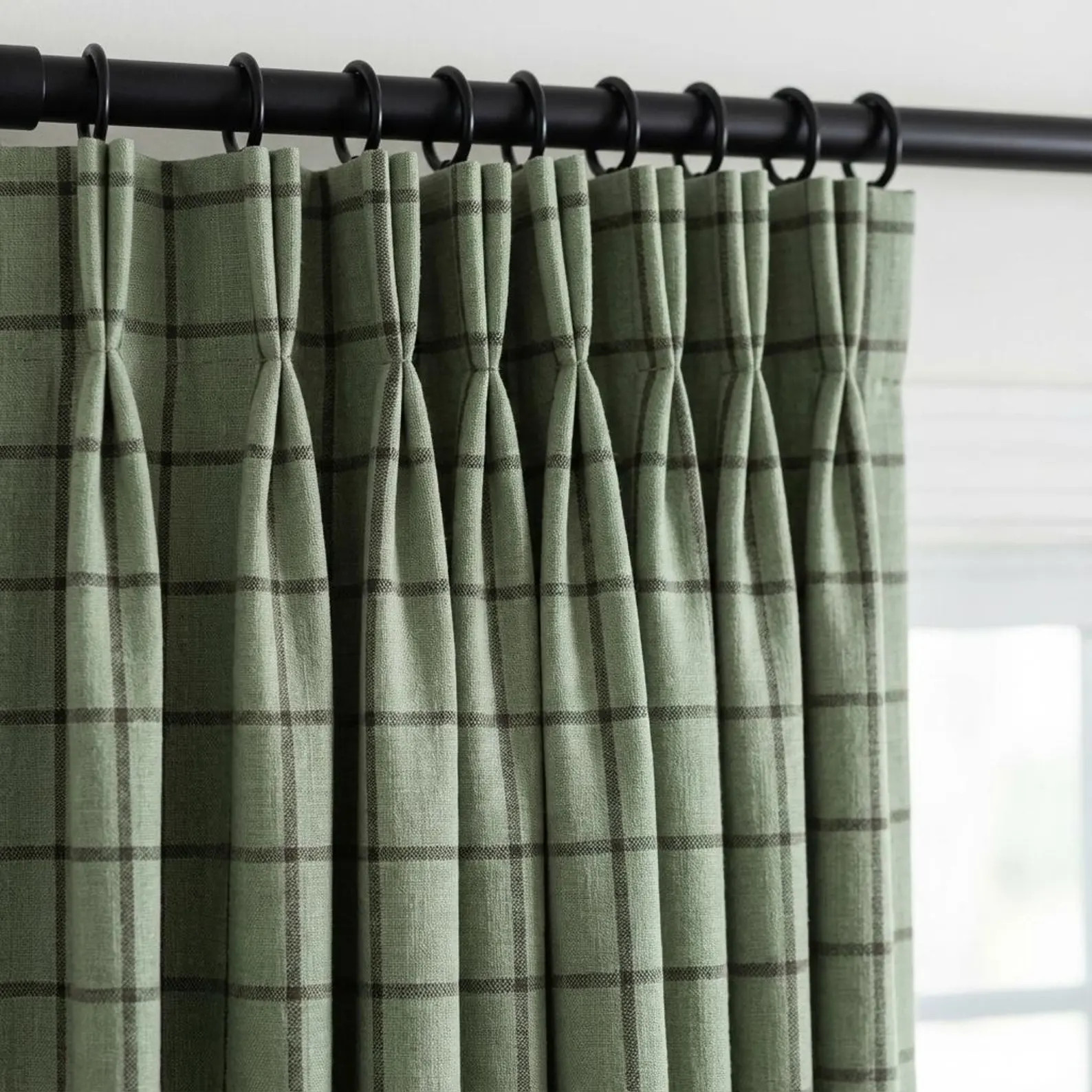 Sage Green Linen Plaid Pinch Pleat Curtains, Farmhouse Windowpane Check, Single/pair, Custom Size... | Etsy (Global)