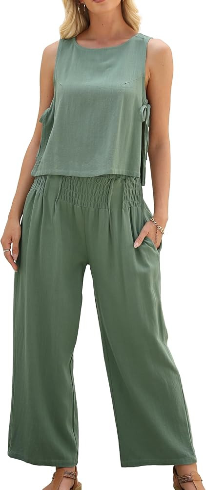 Women's Summer 2 Piece Outfits Linen Sleeveless Crop Top Palazzo Wide Leg Pants with Pockets Beac... | Amazon (US)