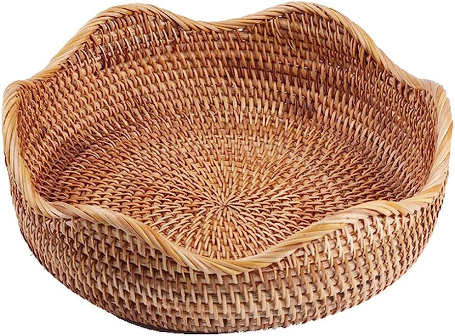 Handmade Rattan Round Fruit Basket Food Storage Bowls Kitchen Organizer Snack Serving Bowl Wavy E... | Amazon (US)