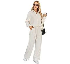 Women Two Piece Casual Outfits Y2K Loungewear Pleated Wide Leg Pants&Long Sleeve Button Down Shir... | Amazon (US)