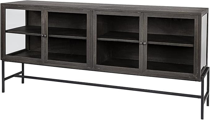HomeRoots Indian Mango Wood, Iron Black Solid Mango Wood Finish Sideboard with 4 Glass Cabinet Do... | Amazon (US)