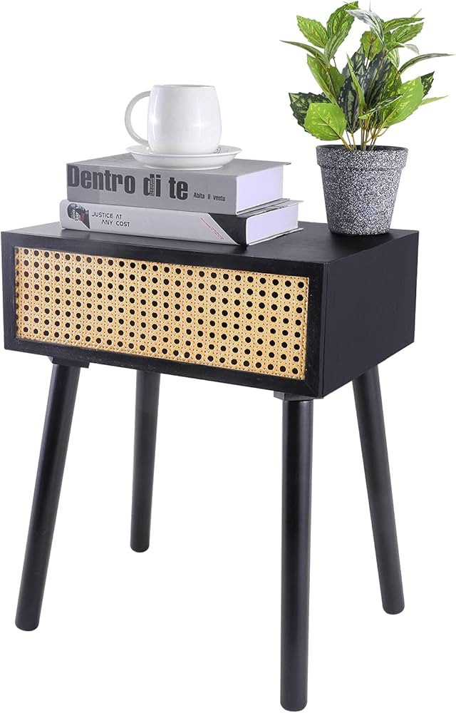 Rattan Nightstand, Small End Table with Storage (No Assembly Required), Black Side Tables Bedside... | Amazon (US)