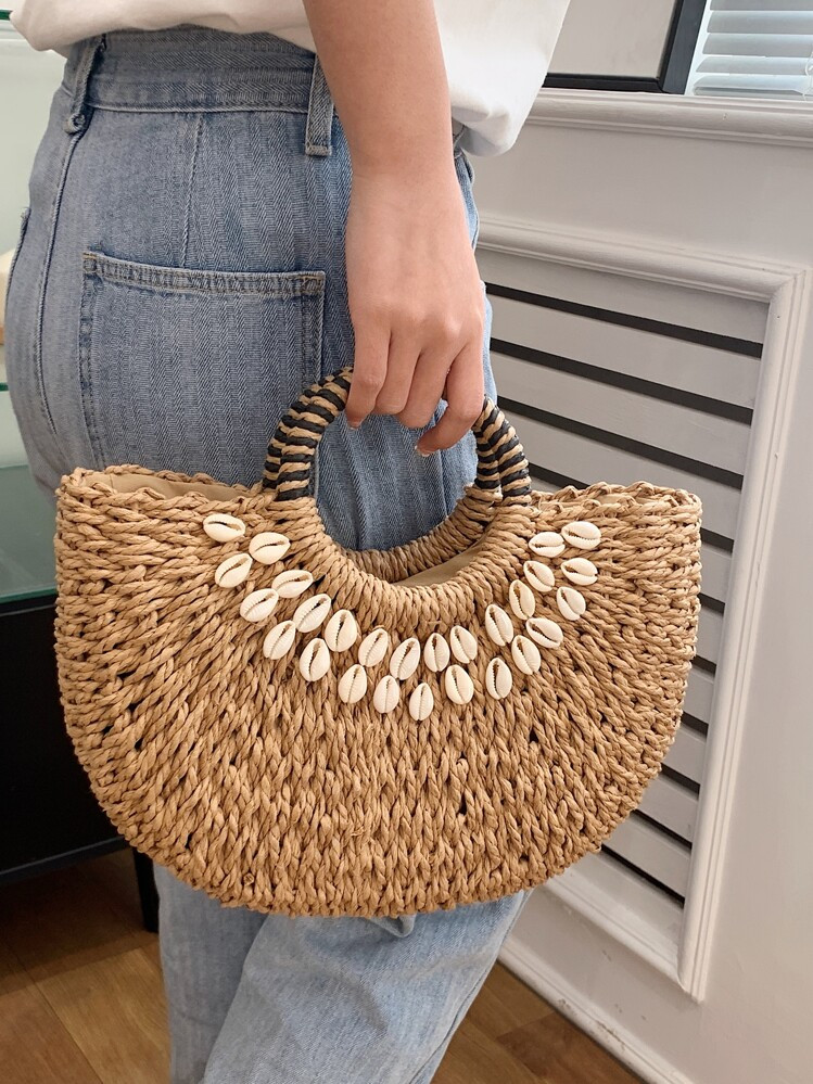 SHIMEINI 2025 New Fashion Hollow Straw Bag, Handwoven Half-Circle Handbag, Suitable For Beach Vacation, Daily Use, Travel, Festivals, Dates, Gifts For Women | SHEIN