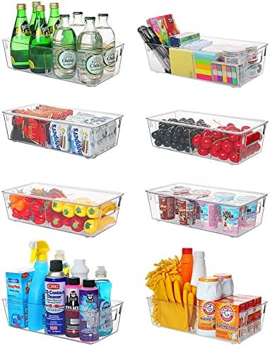 ESARORA Plastic Storage Bin with Lid and Divider, Clear Shallow Pantry Organizer with Handle for ... | Amazon (US)