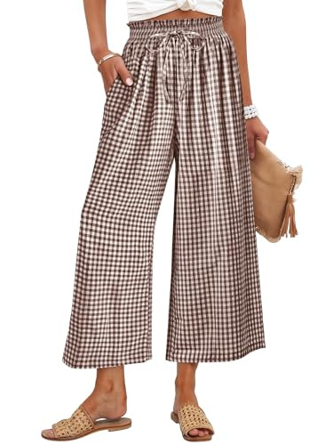ANRABESS Womens Striped Gingham Palazzo Capri Pants Pajama Wide Leg Lounge Trousers Plaid Cute Cr... | Amazon (US)