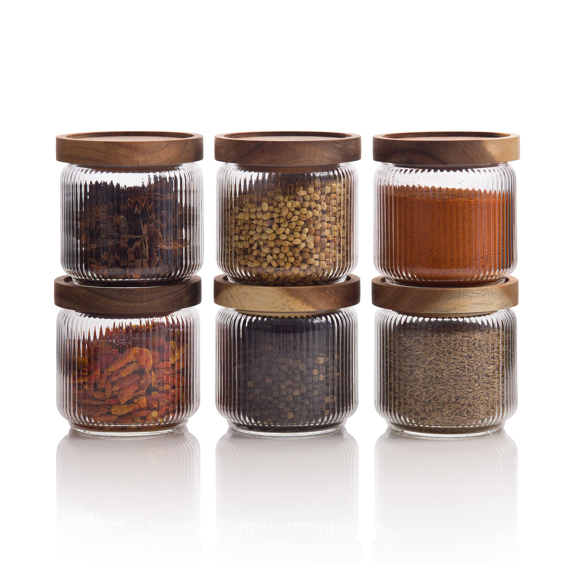 Mason & Fable 12oz, 350ml Glass Food Storage Jars with Wood Lids (6pcs) - Stylish Ribbed Pattern for Kitchen Organization and Storage Containers for Spice, Tea, Coffee/Sugar | Amazon (US)
