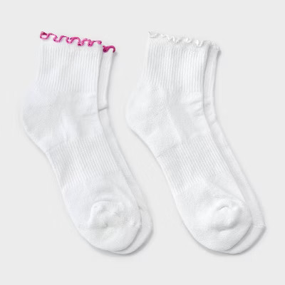 Women's Lettuce Edge Cushioned 2pk Ankle Socks - JoyLab™ Pink/White 4-10 | Target