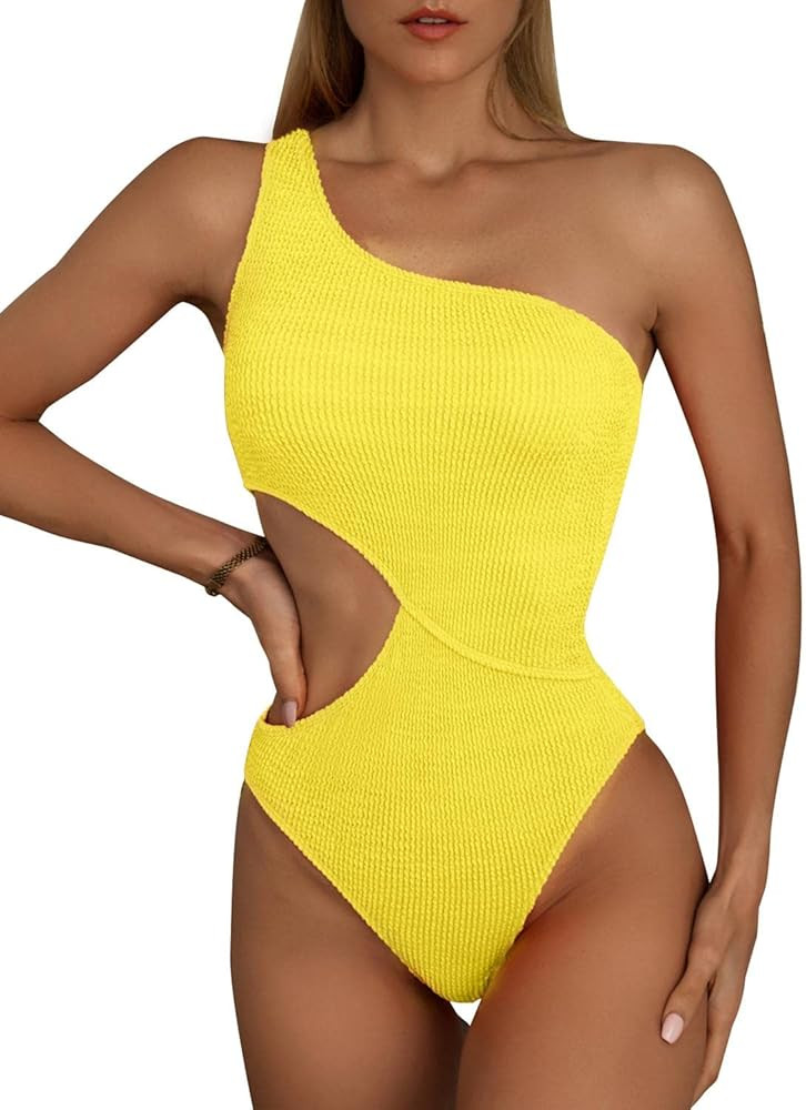 Limeeke Women's Cutout One Piece Swimsuit One Shoulder Swimwear Ribbed Monokini Bathing Suits | Amazon (US)