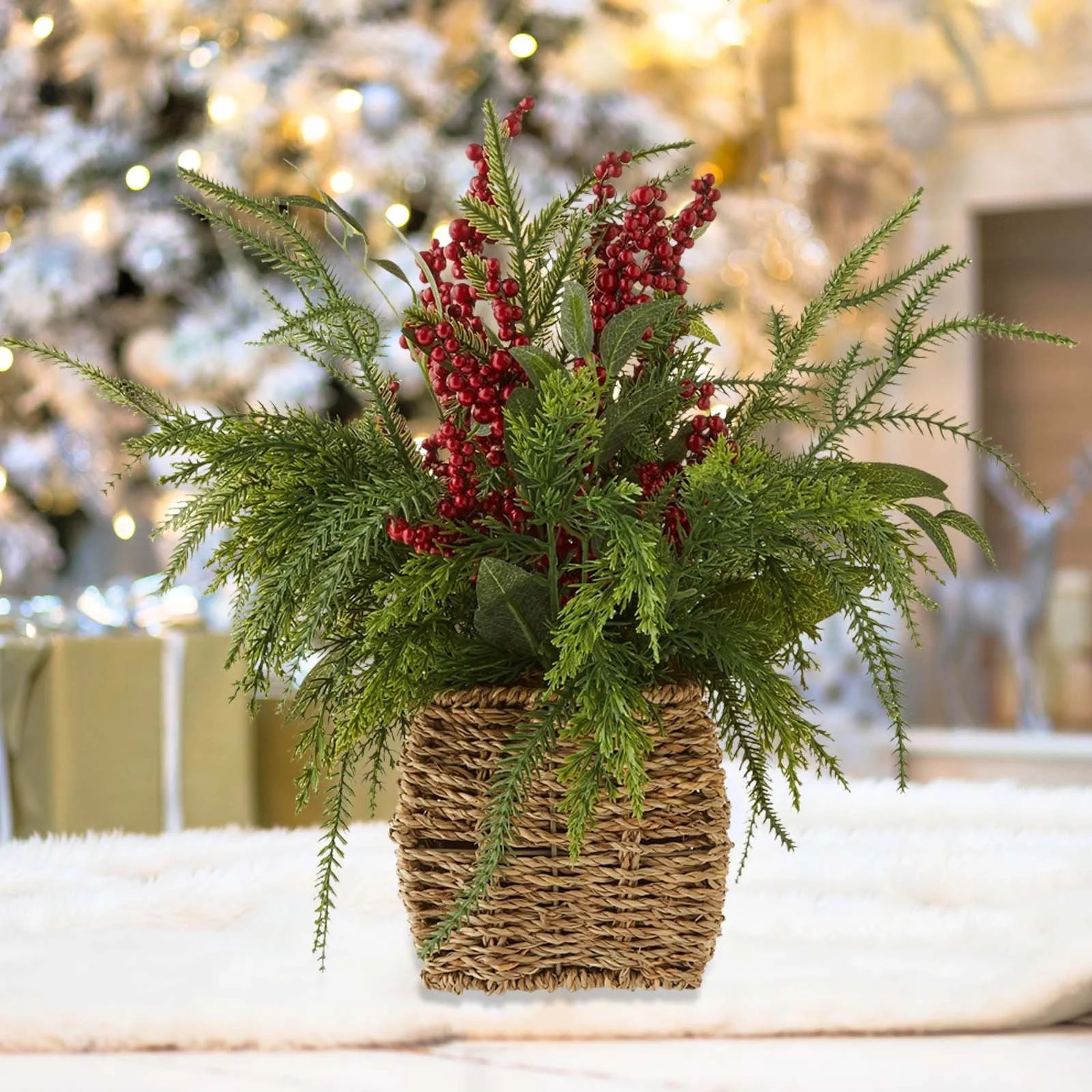 Winter Floral Basket with Berries Christmas Tabletop Decoration,Green and Red,15"Small Plant Pott... | Walmart (US)