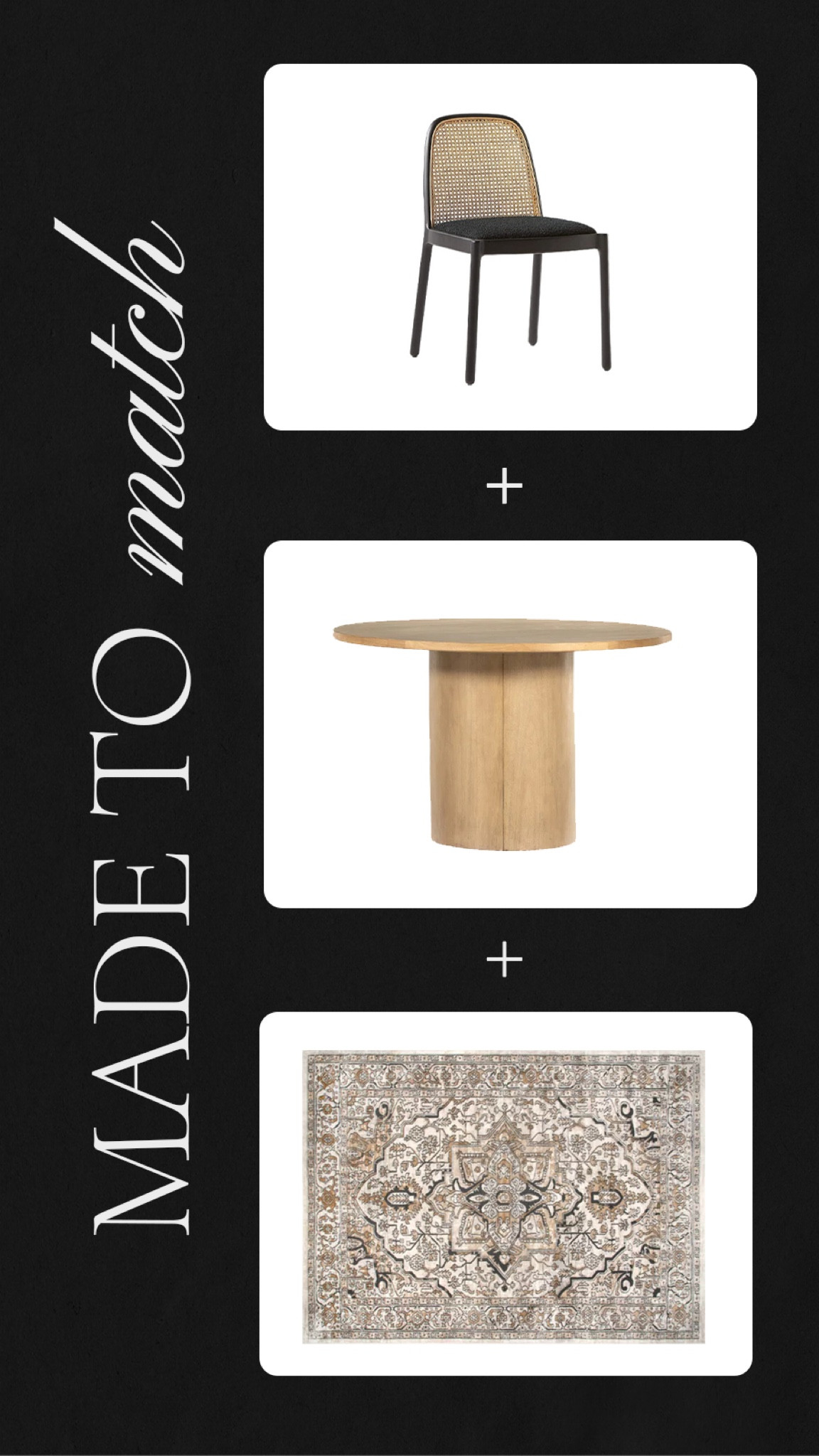 Contemporary and modern dining room, design with black and cane rattan dining room chairs in the round natural wood table. #DiningTable #DiningChairs #ContemporaryInterior #DiningRoomIdeas