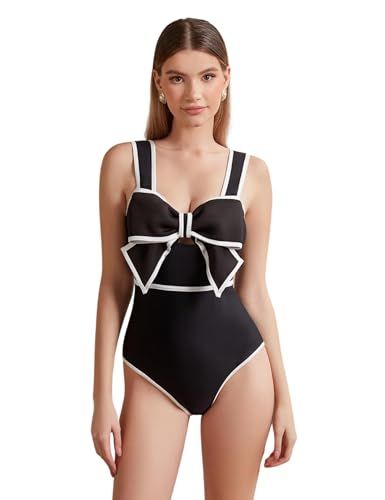 FLAXMAKER Black and White Bow-tie Decor One Piece Swimsuit and Skirt | Amazon (US)
