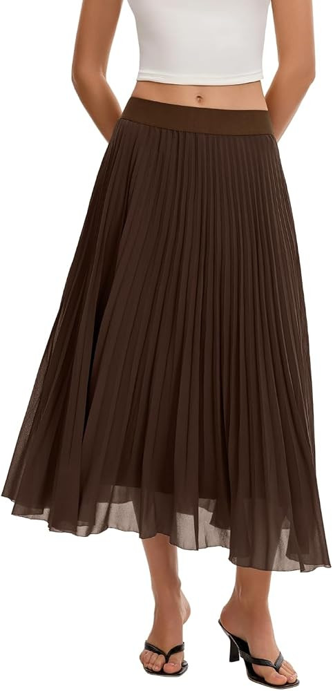 QINSEN Women's Elegant Flowy Pleated Chiffon Skirts Summer A-line Swing Midi Skirts Casual Elasti... | Amazon (US)