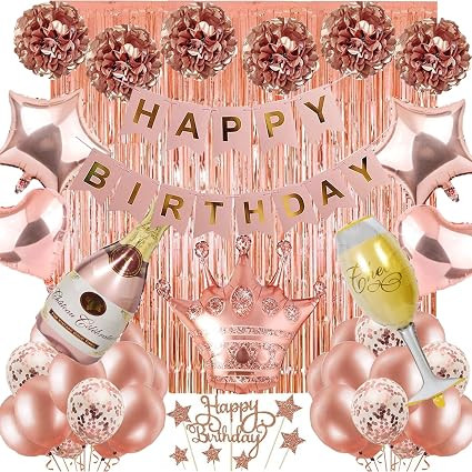 Rose Gold Birthday Party Supplies Happy Birthday Banner Tissue Flowers Confetti Balloons Foil Cur... | Amazon (US)