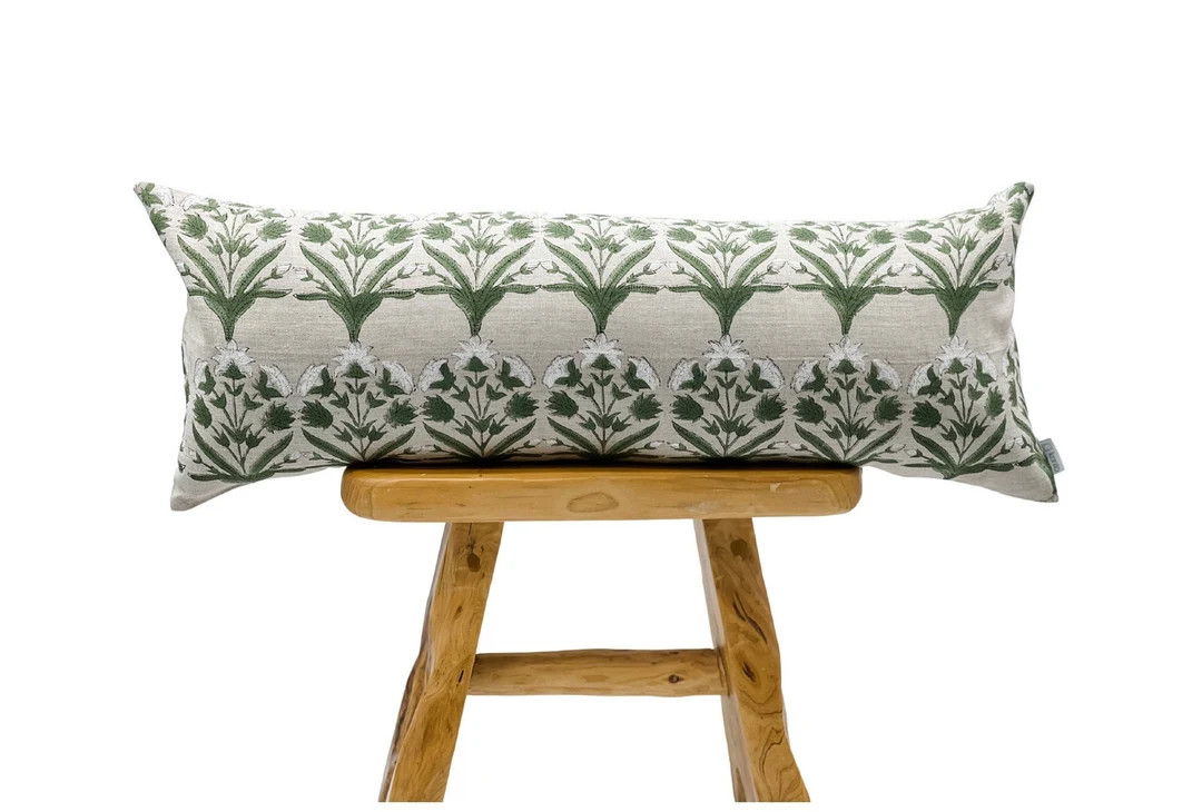 Designer Flowers on Natural Linen Pillow Cover, Green and White Pillow, Boho Pillow, Decorative T... | Etsy (US)