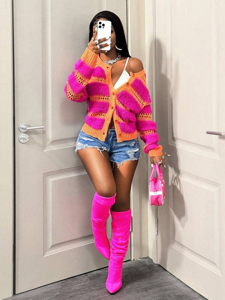 BamGleam Women's Long Sleeve Single-Breasted Casual Hollow Striped Knit Cardigan Fall Winter Cloth For Women | SHEIN