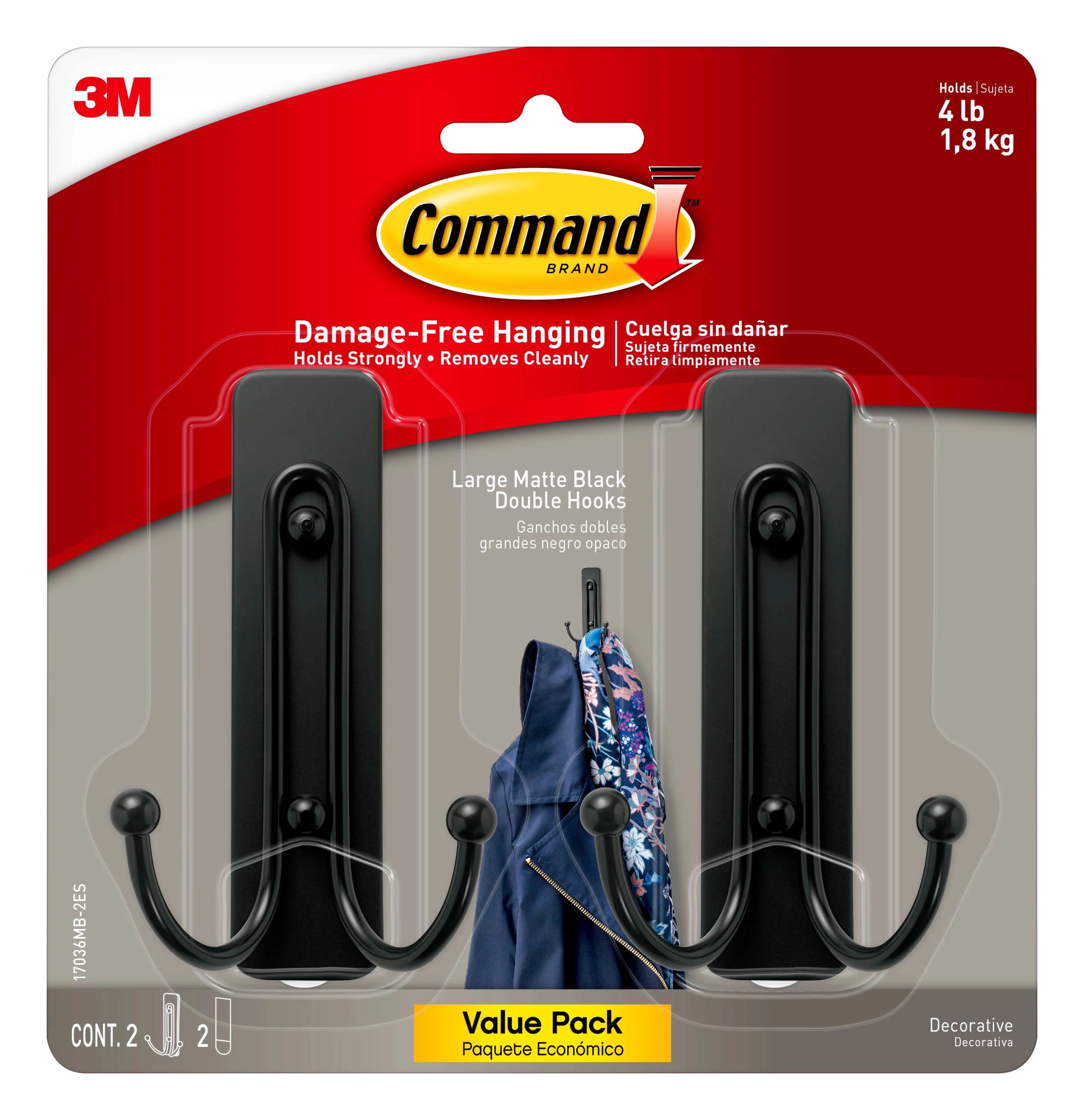Command Large Matte Black Double Hooks, 2 Wall Hooks, 2 Strips | Walmart (US)