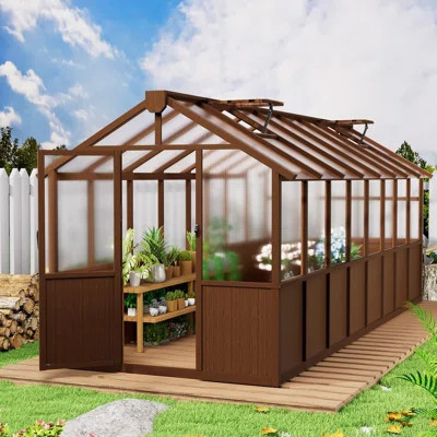 6 ft. x 10 ft. Wood Greenhouse for Outdoors, Polycarbonate Panel Wooden Walk-in Greenhouse Kit and Adjustable Roof Vent | Wayfair North America