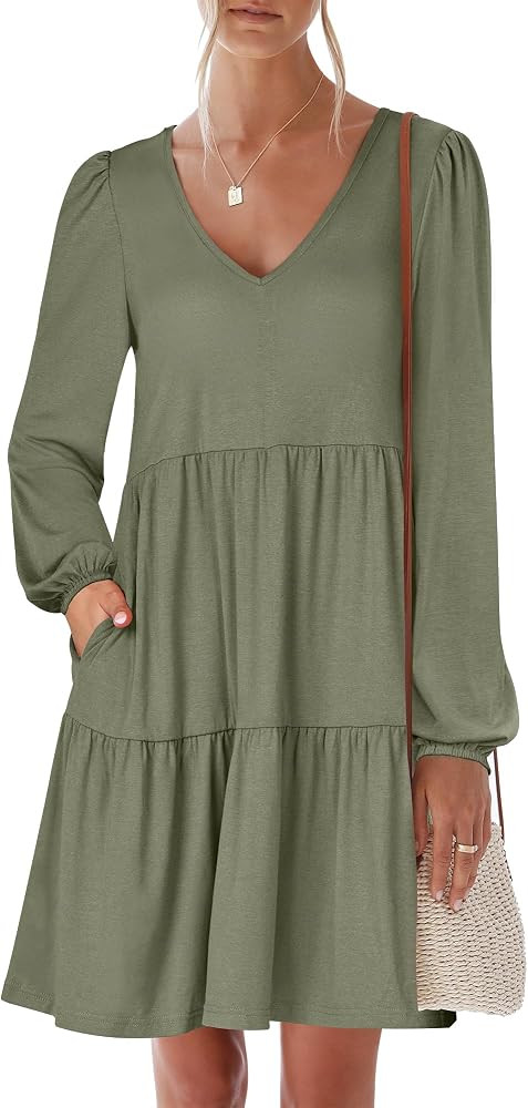 ANRABESS Women's Casual Long Sleeve V Neck Tiered Swing Flowy Loose A-line Cute Mini Short Fall D... | Amazon (US)