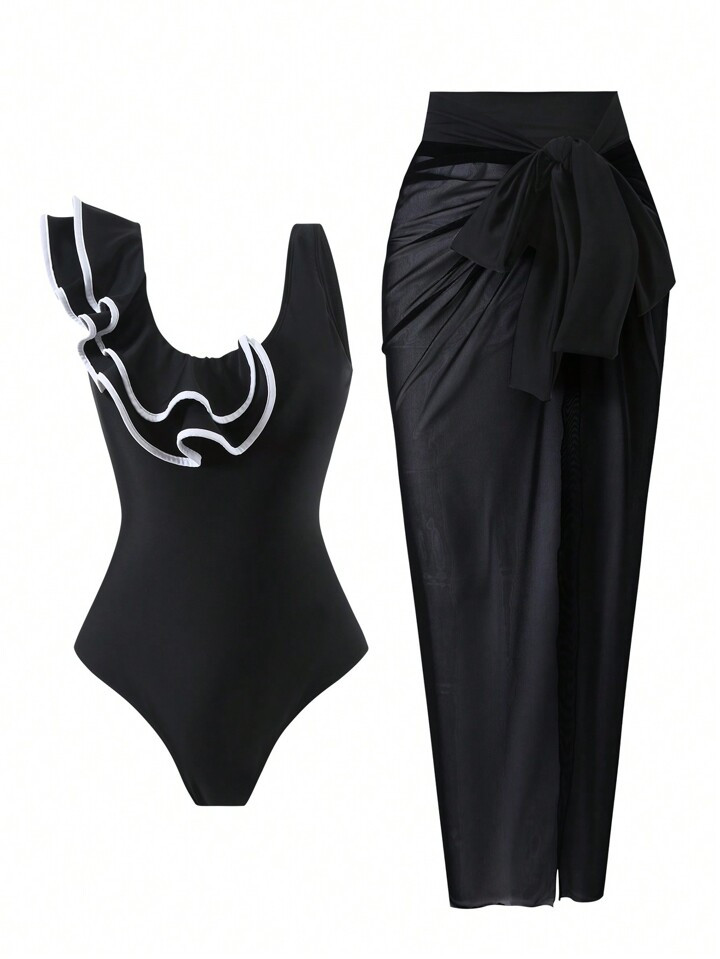 Swim Oasis Black And White Double Layered Ruffle Lace Elegant Women's One-Piece Swimsuit & Cover ... | SHEIN