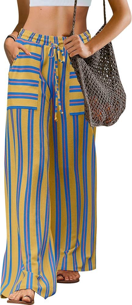 LAMISSCHE Womens Oversized Striped Wide Leg Pants High Waisted Lounge Pants Beach Trousers with P... | Amazon (US)