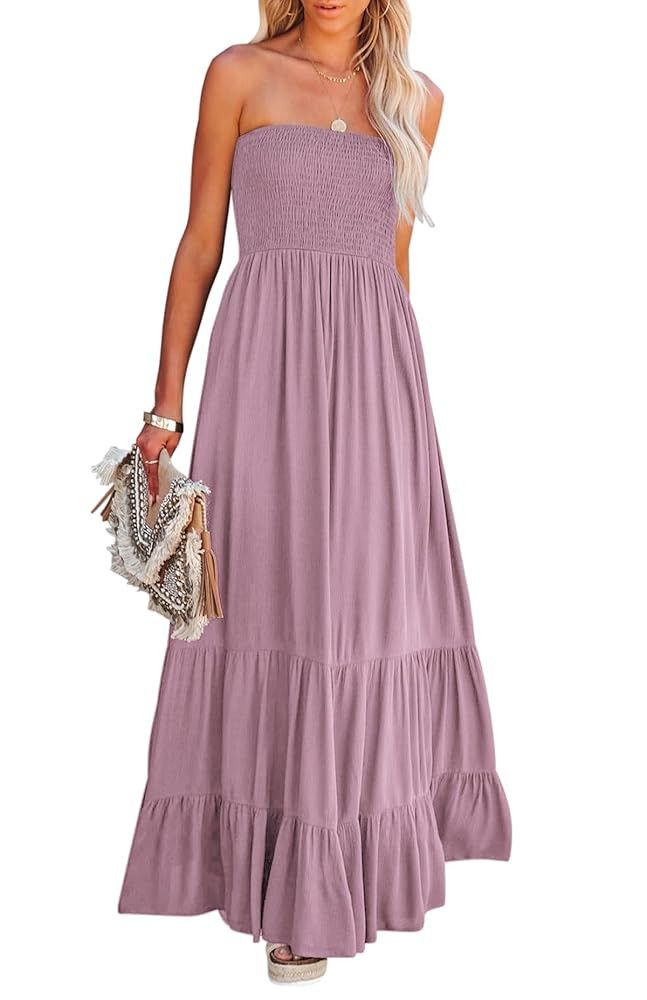 R.Vivimos Womens Summer Cotton Strapless Elastic Smocked Boho Beach Casual Flowy Maxi Tube Dresse... | Amazon (US)