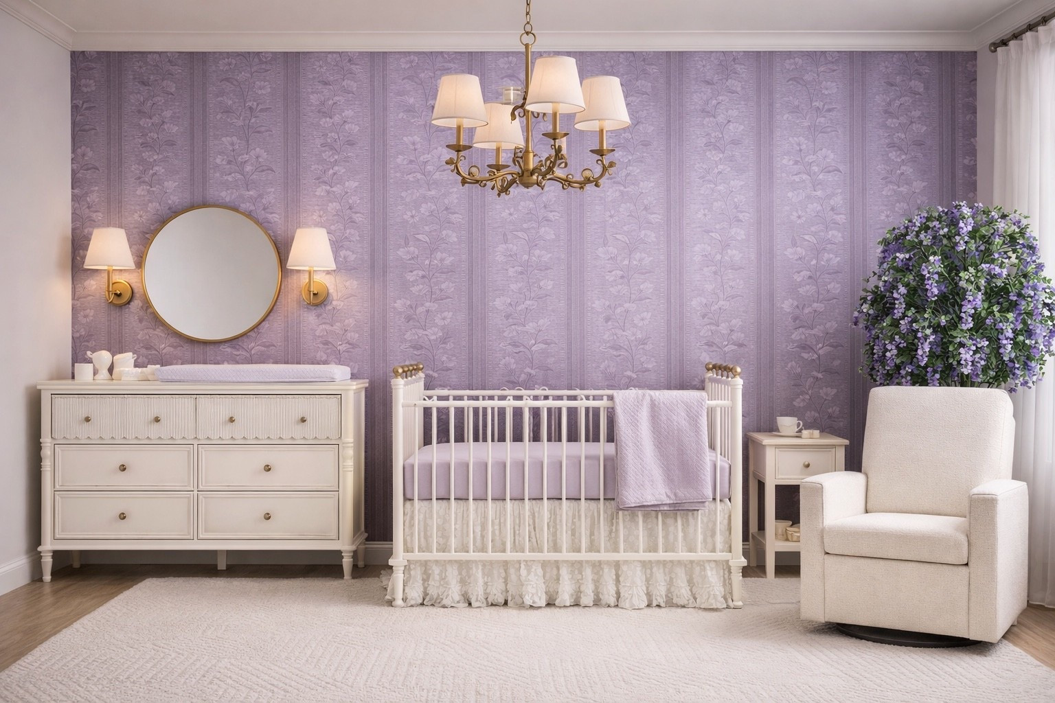 This soft lavender baby girl nursery features Serena & Lily inspired wallpaper, a white metal crib, scalloped dresser, gold mirror with sconces, and a cozy swivel glider. Styled with warm night lighting, this nursery creates a calm, elegant, and timeless space perfect for modern moms looking for neutral yet feminine nursery ideas.

Shop the room below 🌸

#LTKHome #LTKBaby #LTKU