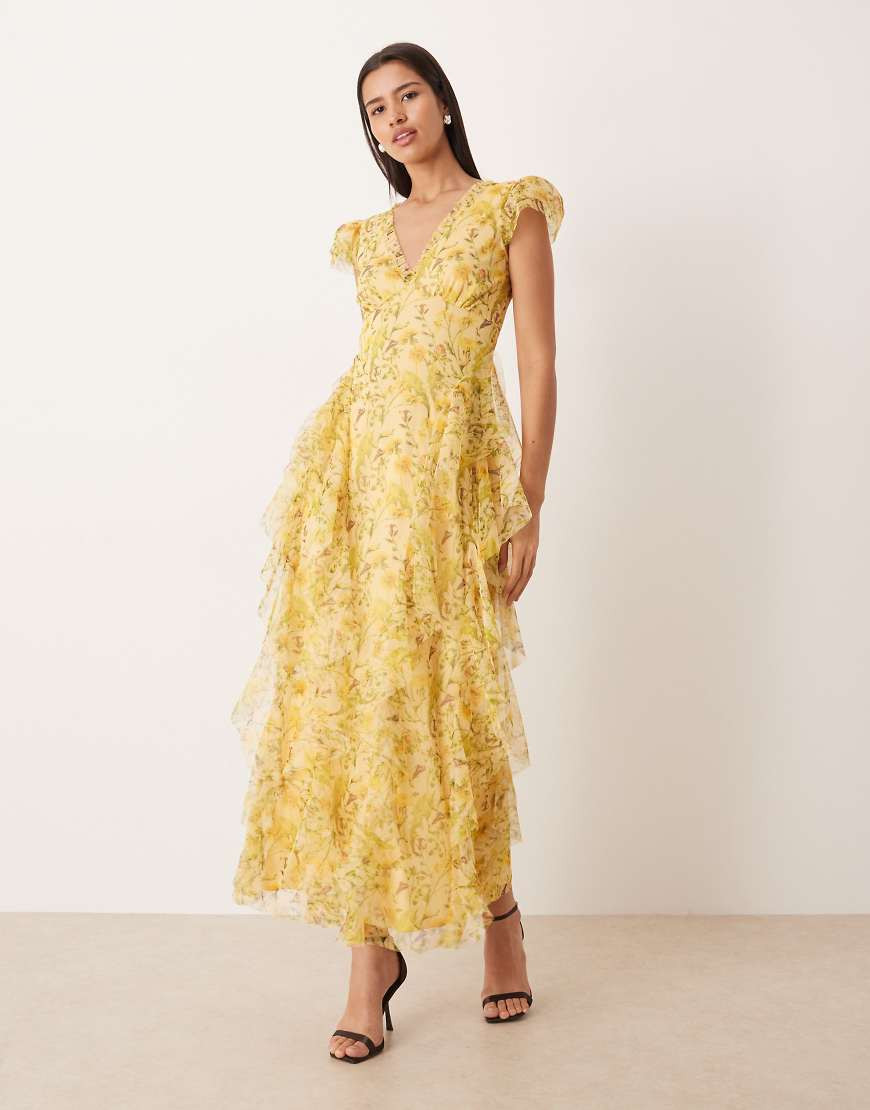 Lace & Beads tulle v neck ruffle frill detail maxi dress in yellow floral | ASOS (Global)