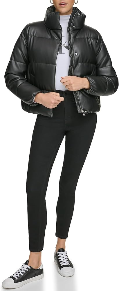 Calvin Klein Women's Short Faux-Leather Puffer Jacket | Amazon (US)