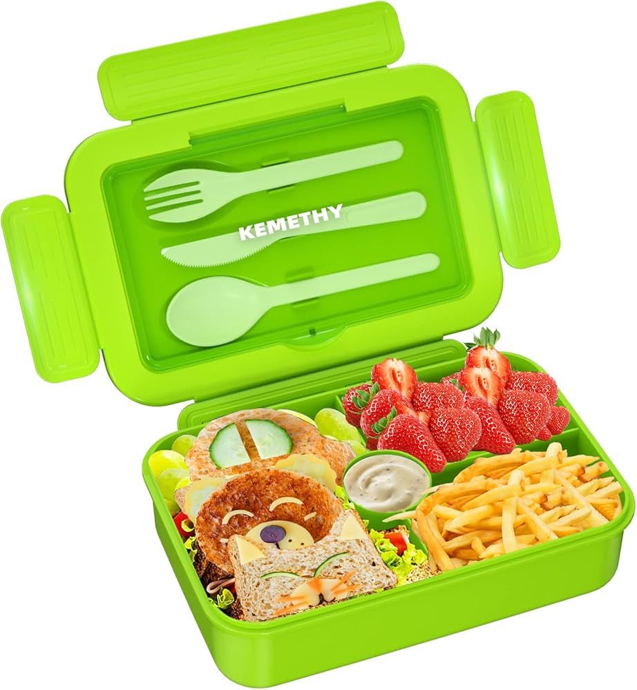 Bento Lunch Box for Kids, 4 Compartment Lunch Boxes Kids, Cutlery Storage Built-in Utensil Set, L... | Amazon (US)