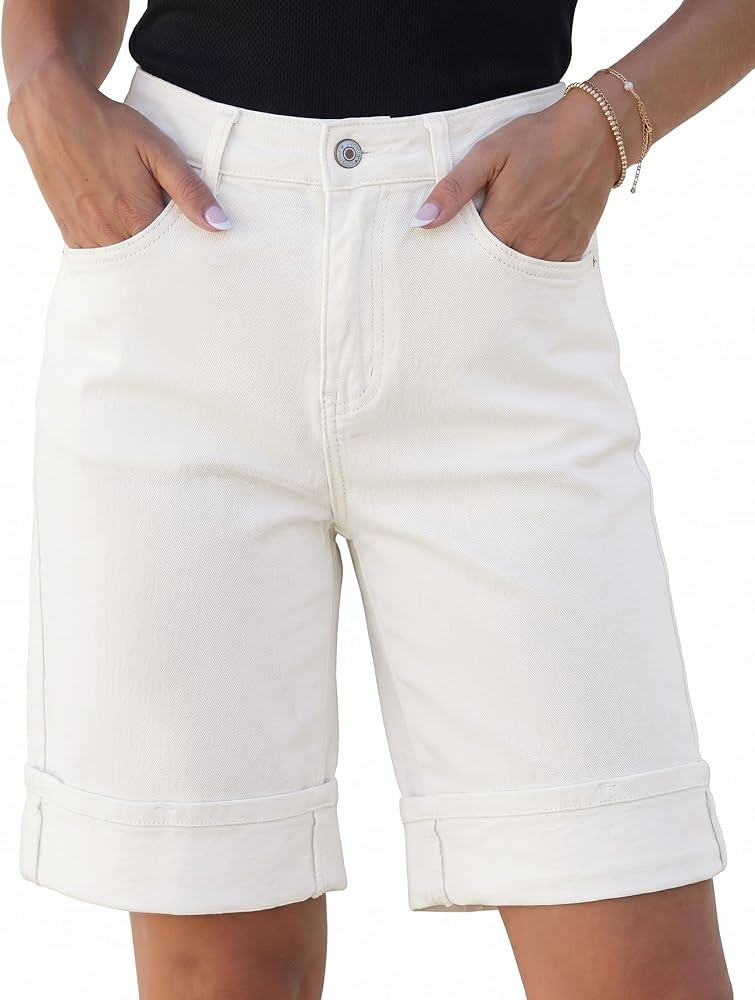 luvamia Jean Bermuda Shorts for Women High Waisted Knee Length Cuffed Long Stretchy Denim Shorts ... | Amazon (US)
