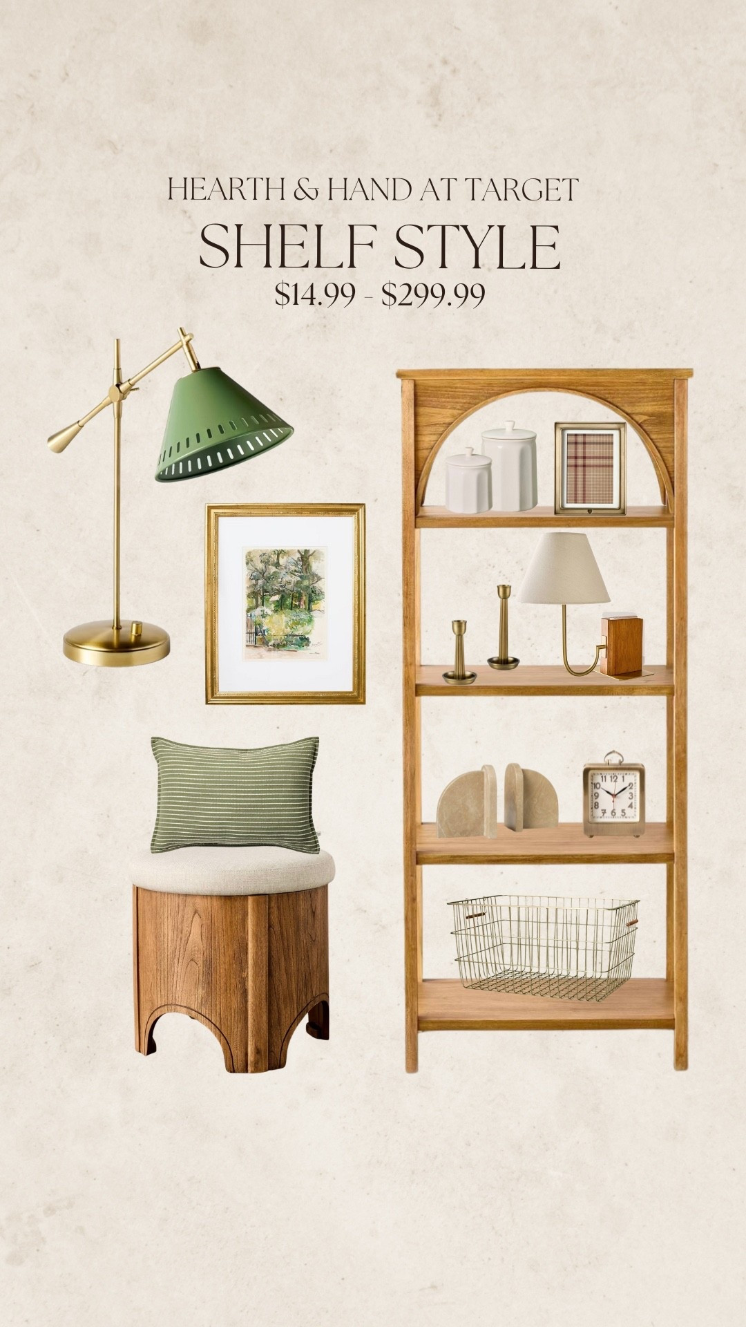 Shelf styling with the new collection of spring decor from the Hearth and Hand collection at Target 🌿

Arch open bookcase
Ceramic canisters
Wire basket
Marble bookends
Brass picture frame
Arch wood storage ottoman
Green desk lamp


#LTKSeasonal #LTKHome