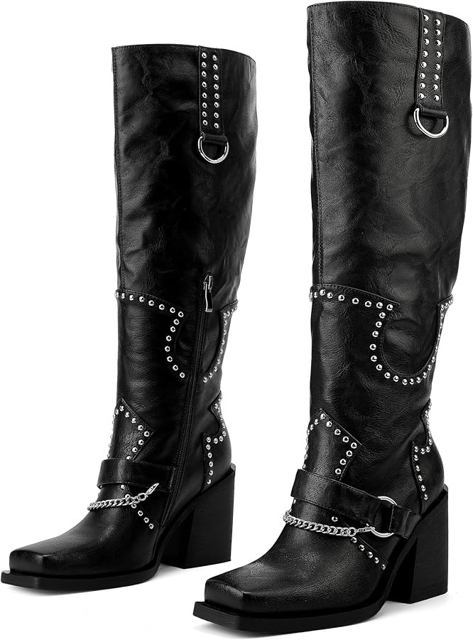 Women Platform Wide Calf Knee High Boots Chunky Heel Rivet Western Boots Square Toe and Side Zipp... | Amazon (US)