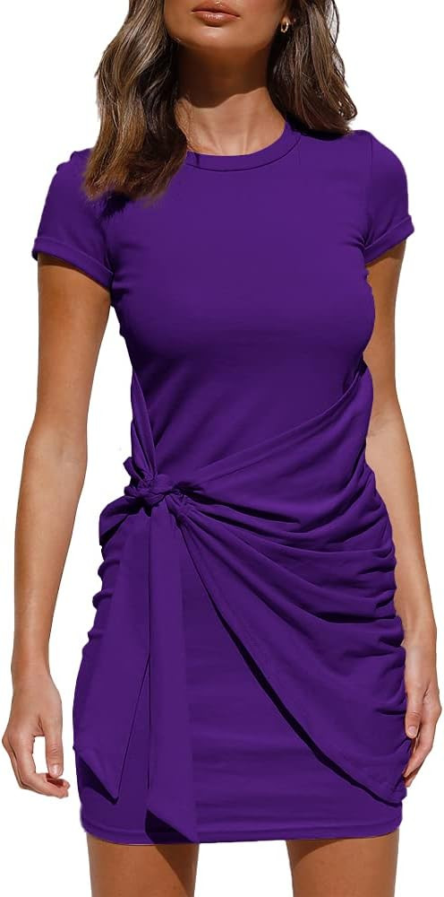 LILLUSORY Women's Casual Short Sleeve Wrap Bodycon Ruched Tie Waist Summer Dress | Amazon (US)
