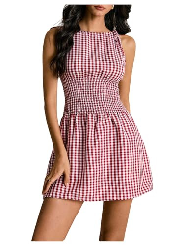 Floerns Women's Tie Shoulder A Line Gingham Dress Boat Neck Mini Checkered Elegant Dresses | Amazon (US)