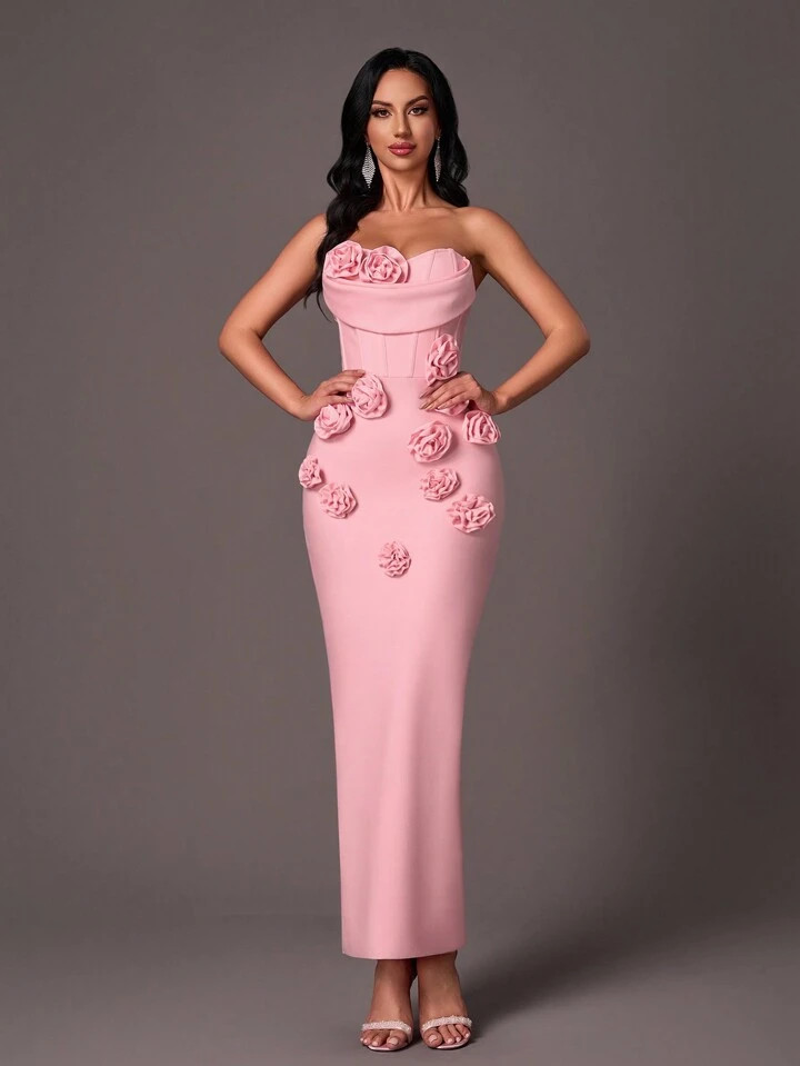 SHEIN X Izzy Darnell Glamrae Robe De Soirée Élégante Rose Sans Bretelles, Col Diagonal, Décor De Poissons En 3D Et Fleurs 3D, Moulante | SHEIN