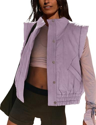 Lviefent Womens Puffer Vest Cropped Lightweight Button Down Quilted Vest Sleeveless Padded Gilet Coat with Pockets (Purple-Medium) | Amazon (US)