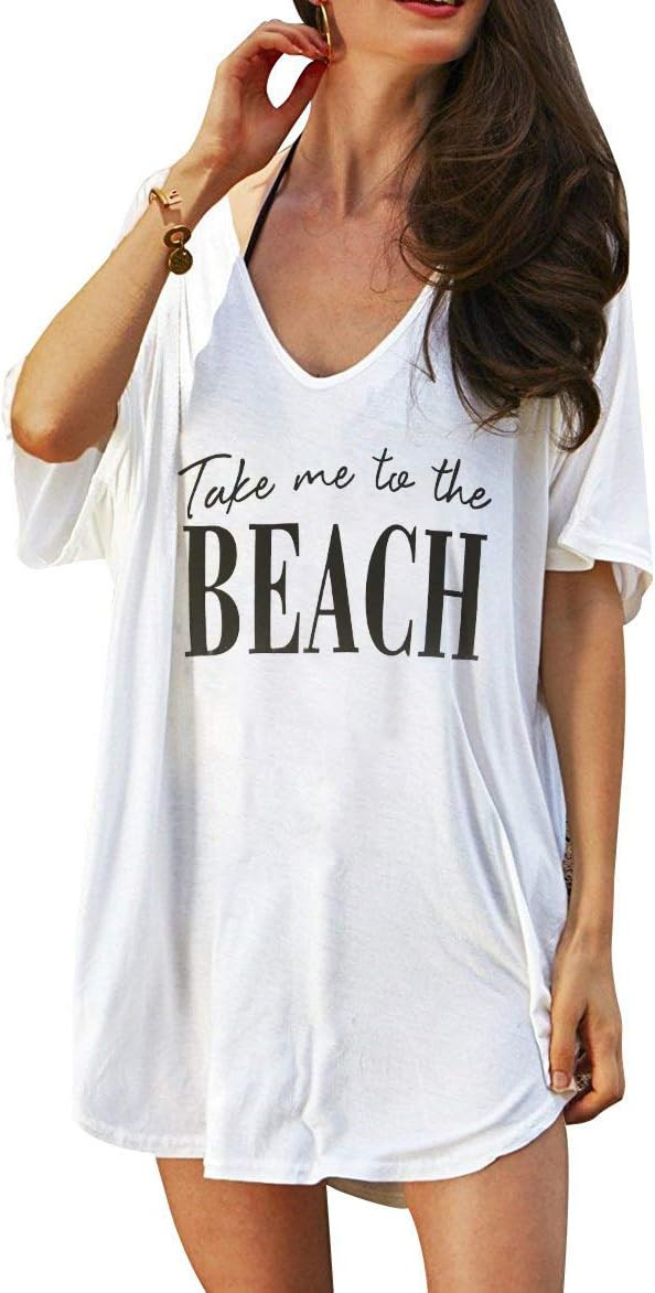 Oryer Swimsuit Cover Ups for Women Baggy V-Neck Swimwear Bathing Suit Coverups T-Shirt Dress Beac... | Amazon (US)