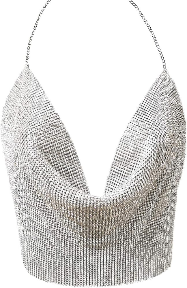 Croozy Women's Sexy Metallic Sequin Body Chain Shimmer Backless Halter Crop Top Adjustable Harnes... | Amazon (US)
