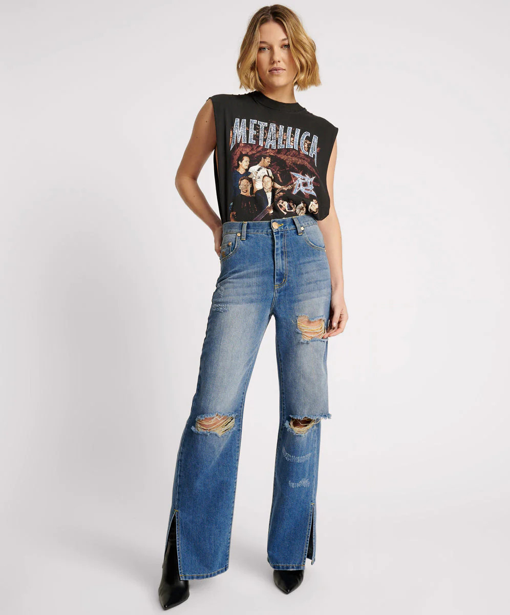 Billie Low Slung Straight Leg Mid Waist Denim Jeans - Shredded Gold | One Teaspoon | OneTeaspoon