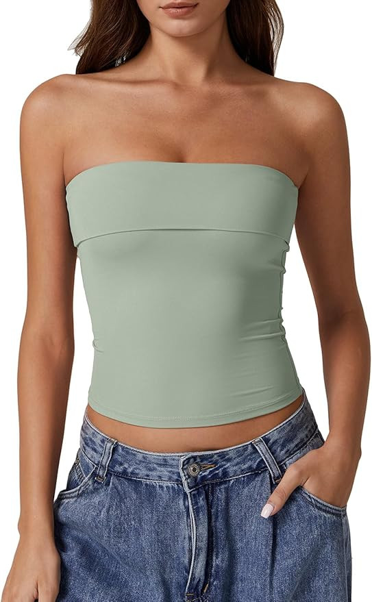 QINSEN Women's Tube Tops Strapless Bandeau Tops Double Lined Slim Fit Summer Going Out Tank Tops | Amazon (US)