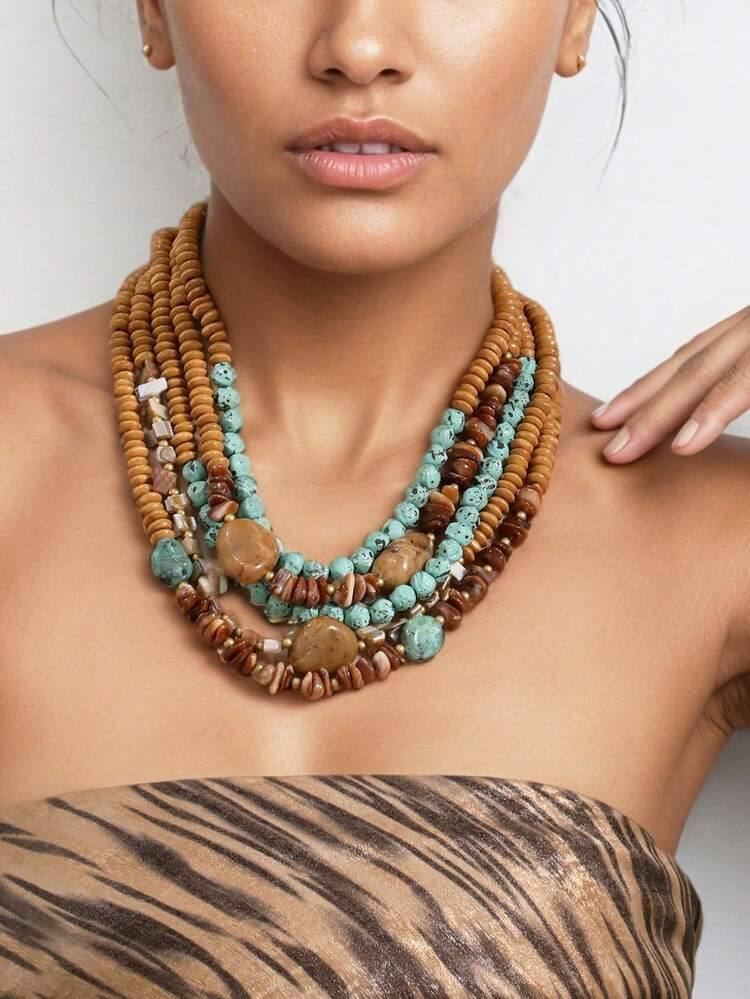 Bohemian Style Multi-Layer Beaded Necklace, Malachite Brown Vintage Faux Turquoise Wood Inlay Vacation Style Choker Necklace | SHEIN
