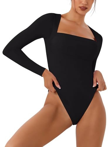 REORIA Women's Long Sleeve Square Neck Double Layer Sexy Bodysuit 2025 Fall/Winter Designer Collection Black Small | Amazon (US)